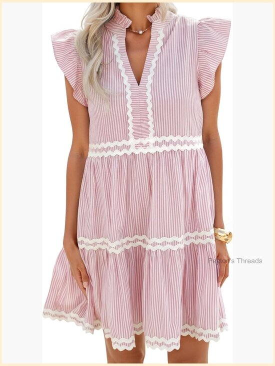 Dresses & Skirts - V Neck Flutter Sleeve Striped Ruffle A Line Mini Dress Beach Vacation